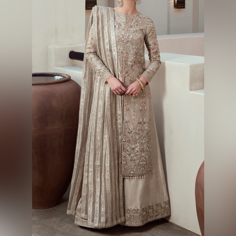 Elegant Embroidered Beige gold Dress Faiza Saqlain